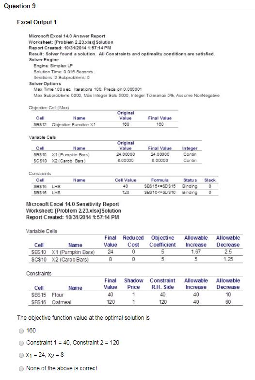  Question 9 Excel Output 1 Micro soft Excel 14.0 An swer