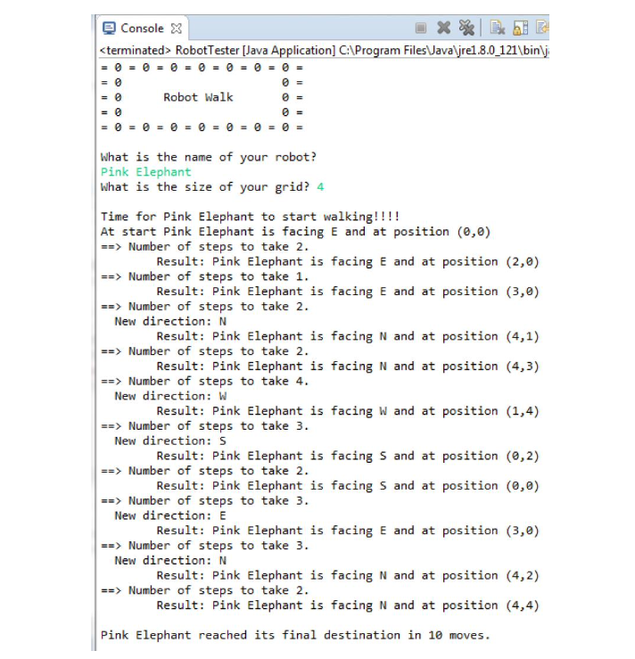 A robot has a name and moves in a 2-dimensional plane (square
