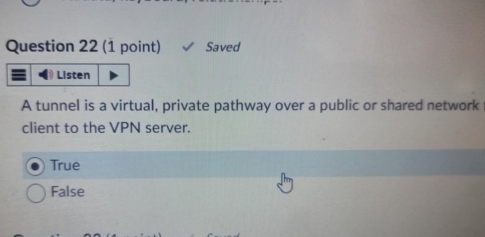  Question 22(1 point) Saved A tunnel is a virtual, private pathway