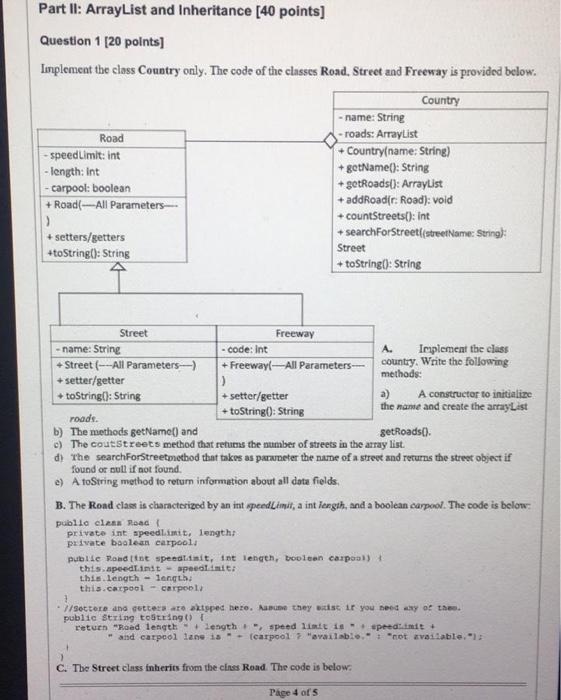  java: asap pls Part II: ArrayList and Inheritance [40 points) Question