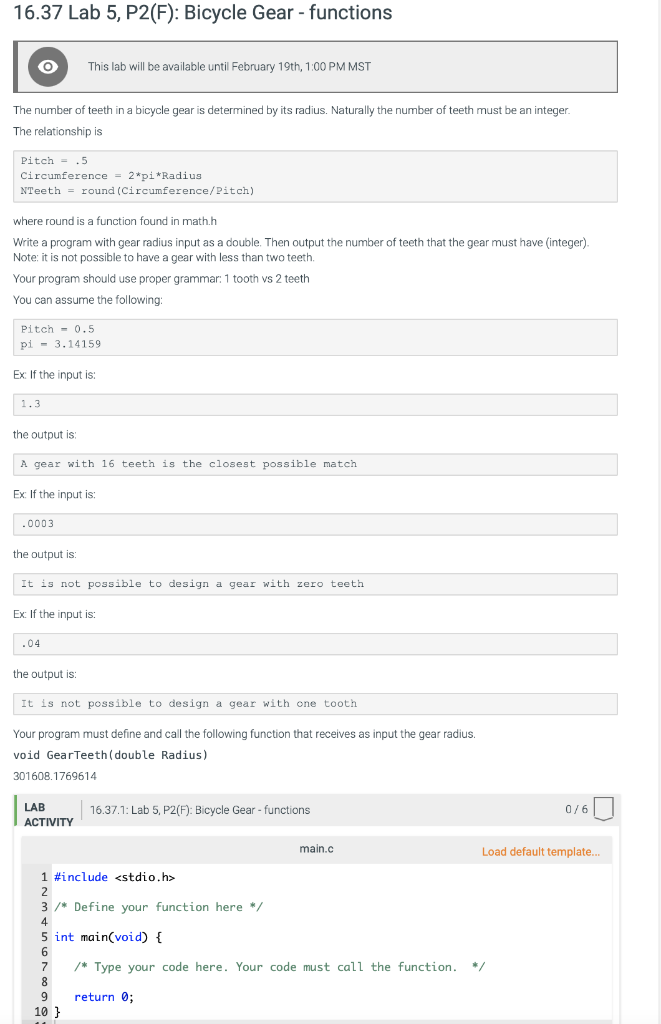Write a program with gear radius input as a double. Then output