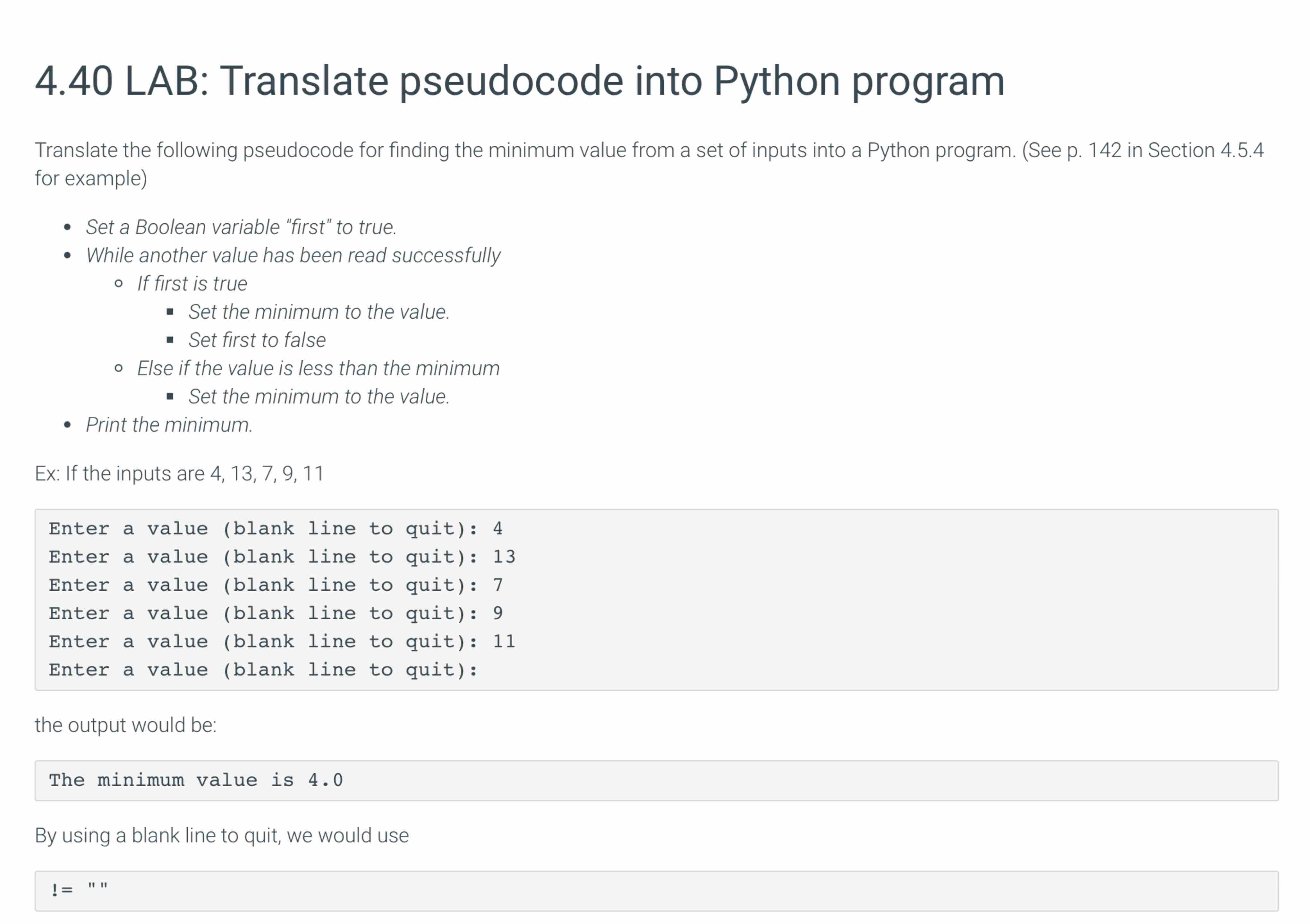  4.40 LAB: Translate pseudocode into Python program Translate the following pseudocode