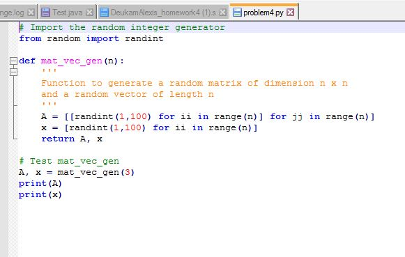def mat_vec_gen(n): ''' Function to generate a random matrix of dimension n