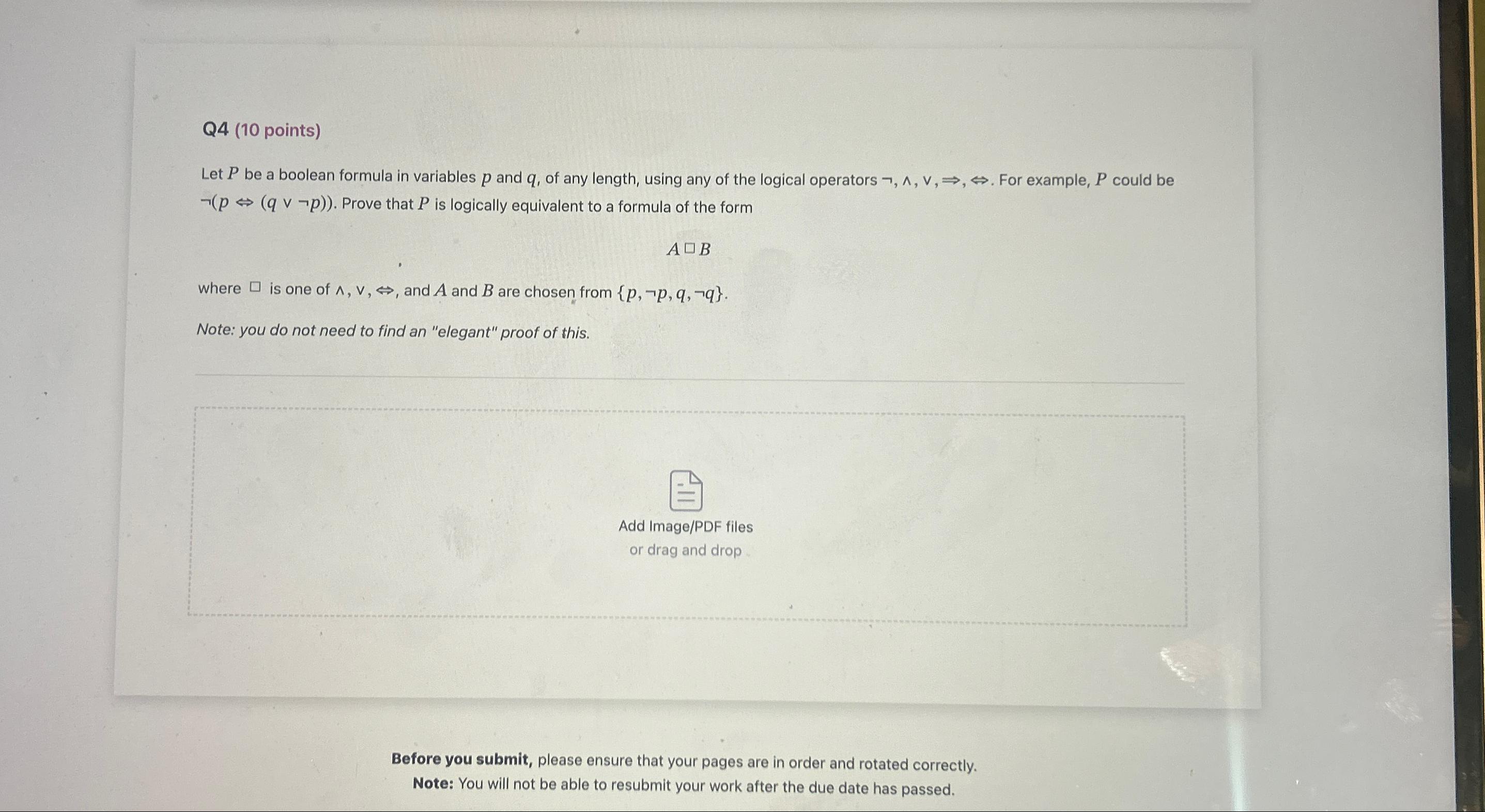  Q4(10 points) Let P be a boolean formula in variables p
