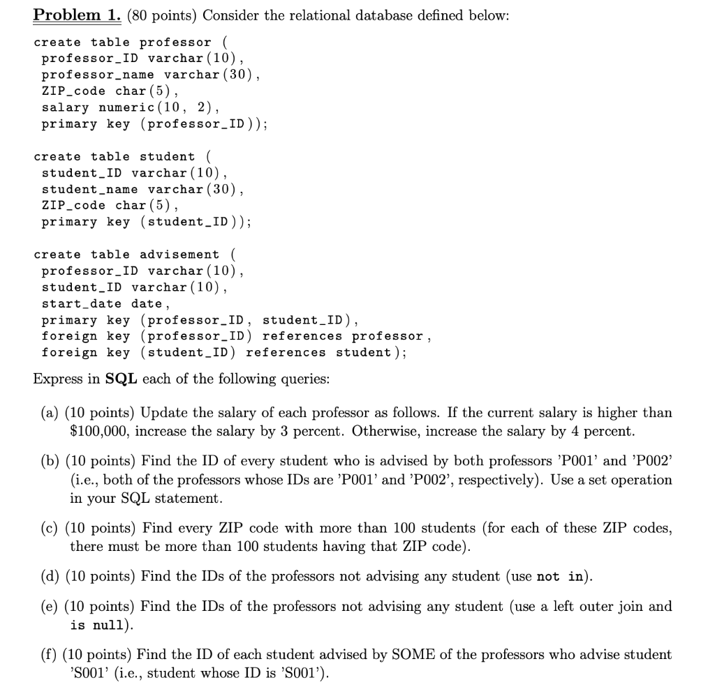 Problem 1. (80 points) Consider the relational database defined below: create