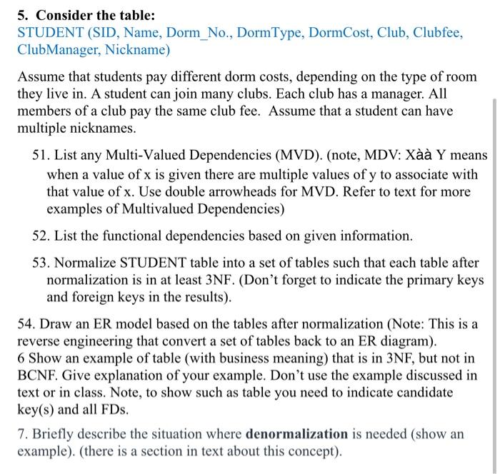  5. Consider the table: STUDENT (SID, Name, Dorm_No., Dorm Type, DormCost,