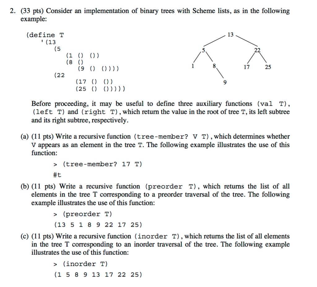 Written in scheme please 2. (33 pts) Consider an implementation of binary