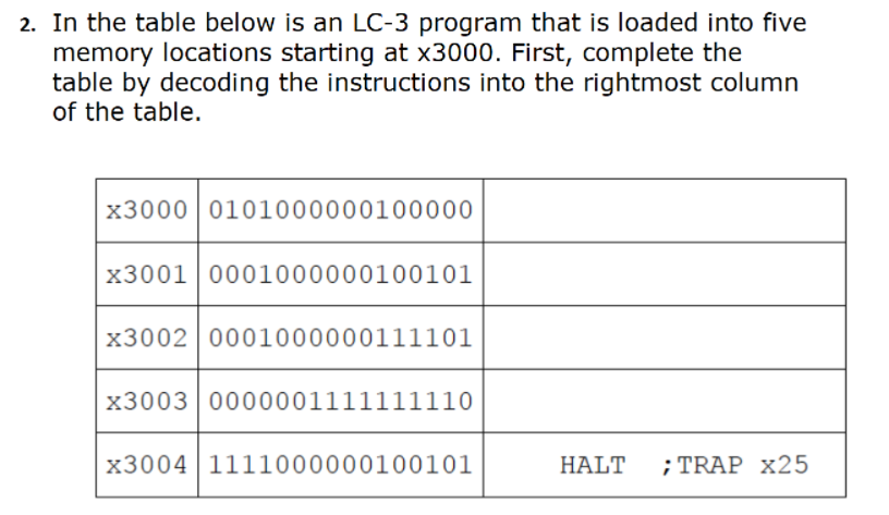  2. In the table below is an LC-3 program that is