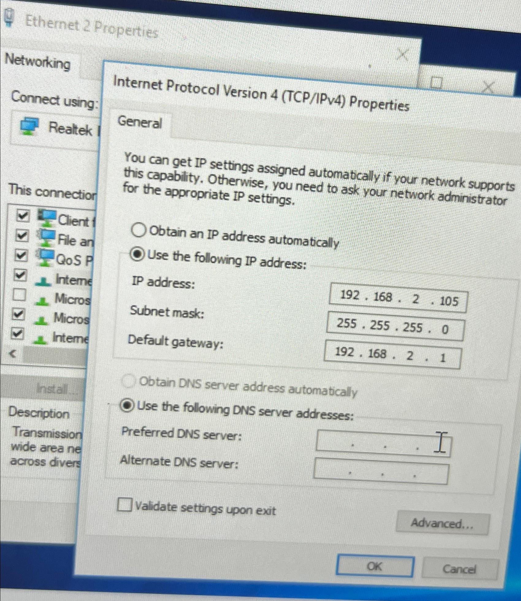  Ethernet 2 Properties Networking Connect using: Realtek This connectior Internet Protocol