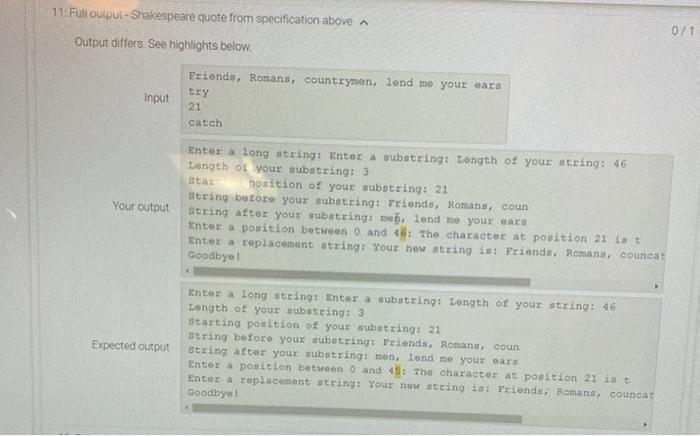 your substring: over the lazy dog Enter a position between 0 and