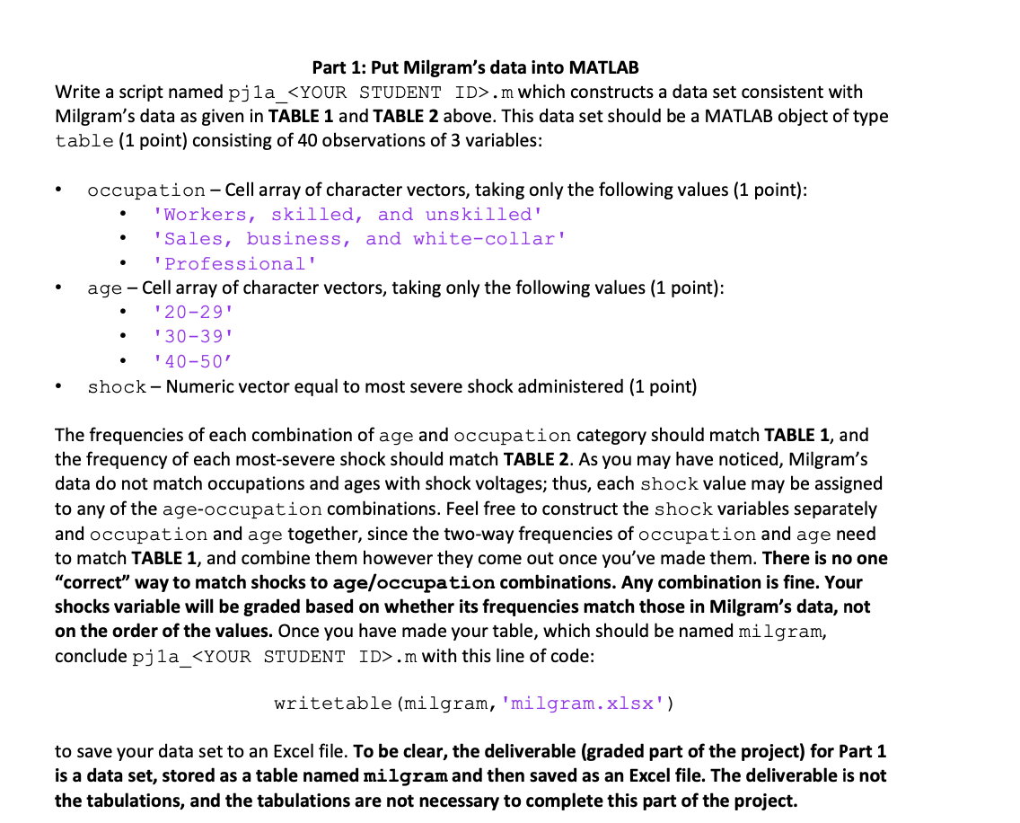 MATLAB THE DATA: Part 1: Put Milgram's data into MATLAB Write a