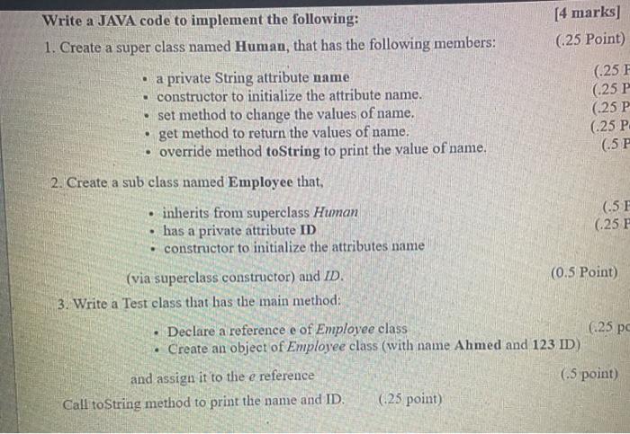  Write a JAVA code to implement the following: 1. Create a