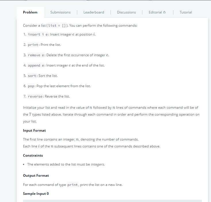  Problem Submissions Leaderboard DiSCUSssions Editorial Tutorial Consider a list (list []).