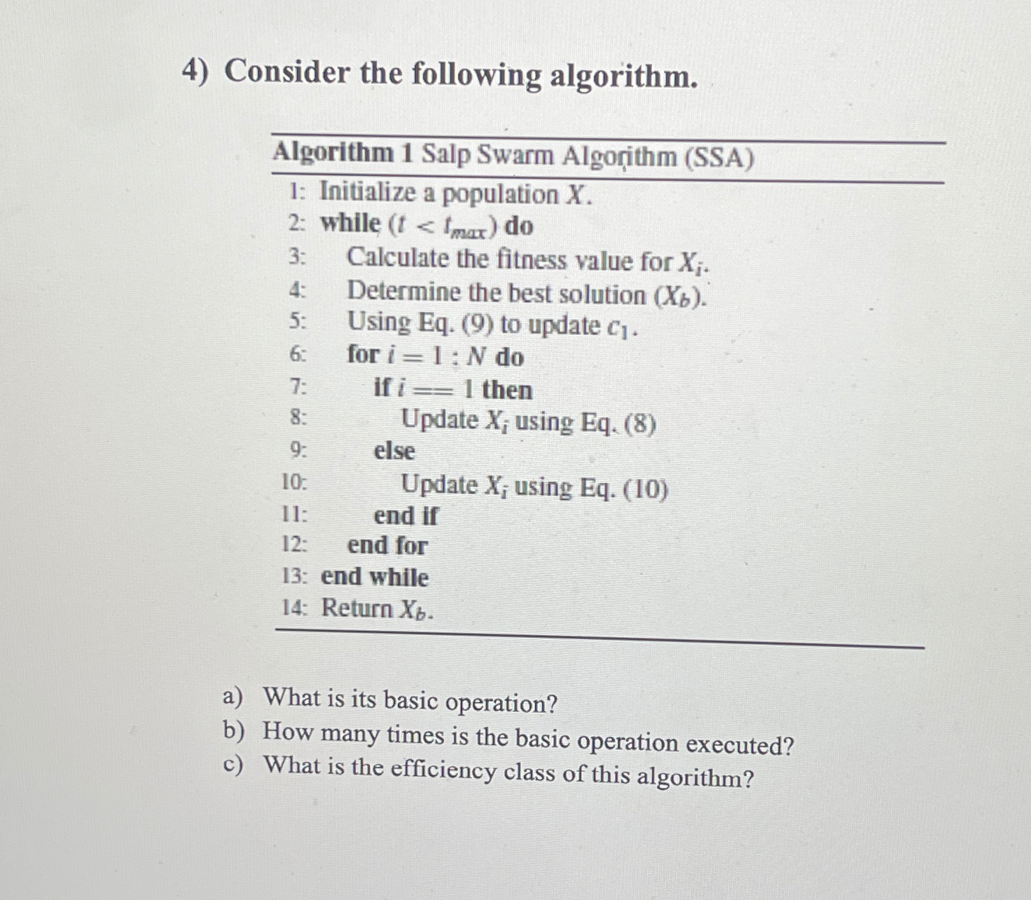  Consider the following algorithm. Algorithm 1 Salp Swarm Algorithm (SSA) Initialize