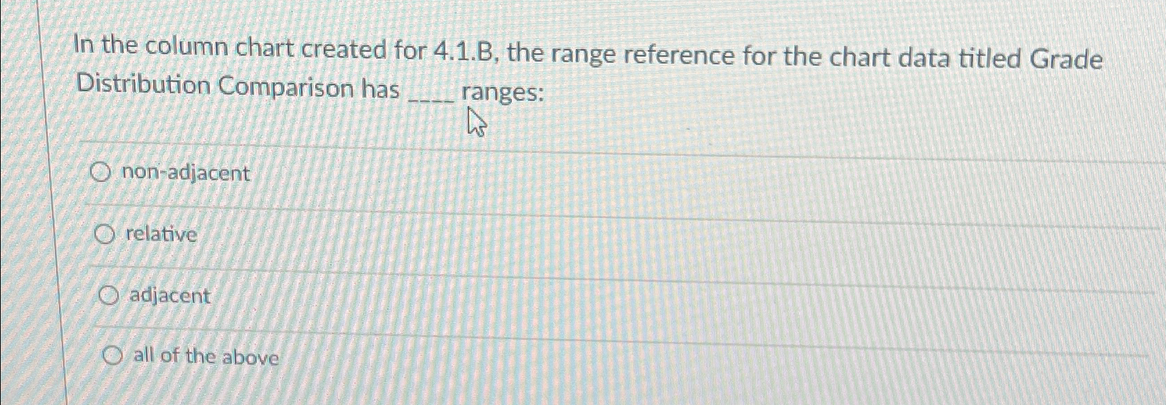  In the column chart created for 4.1.B, the range reference for
