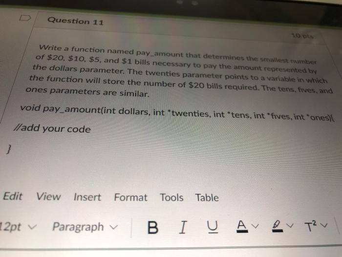  just the function please, not the whole code. C++ Question 11