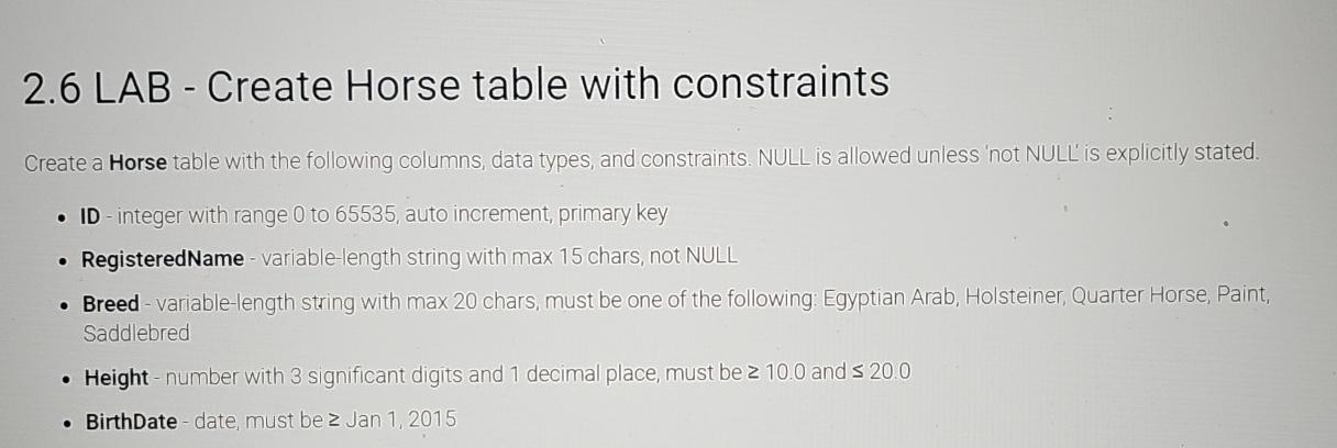  2.6 LAB - Create Horse table with constraints Create a Horse
