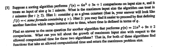  [3] Suppose a sorting algorithm performs f(n) = 6n2 + 3x