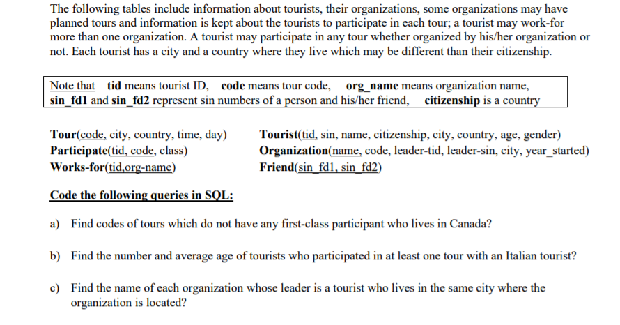 Code the following queries in SQL: The following tables include information about