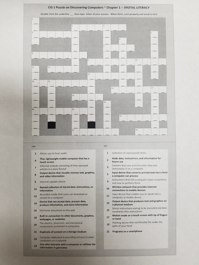 csi CIS 1 Puzzle on Discovering Computers Chapter 1- DIGITAL LITERACY