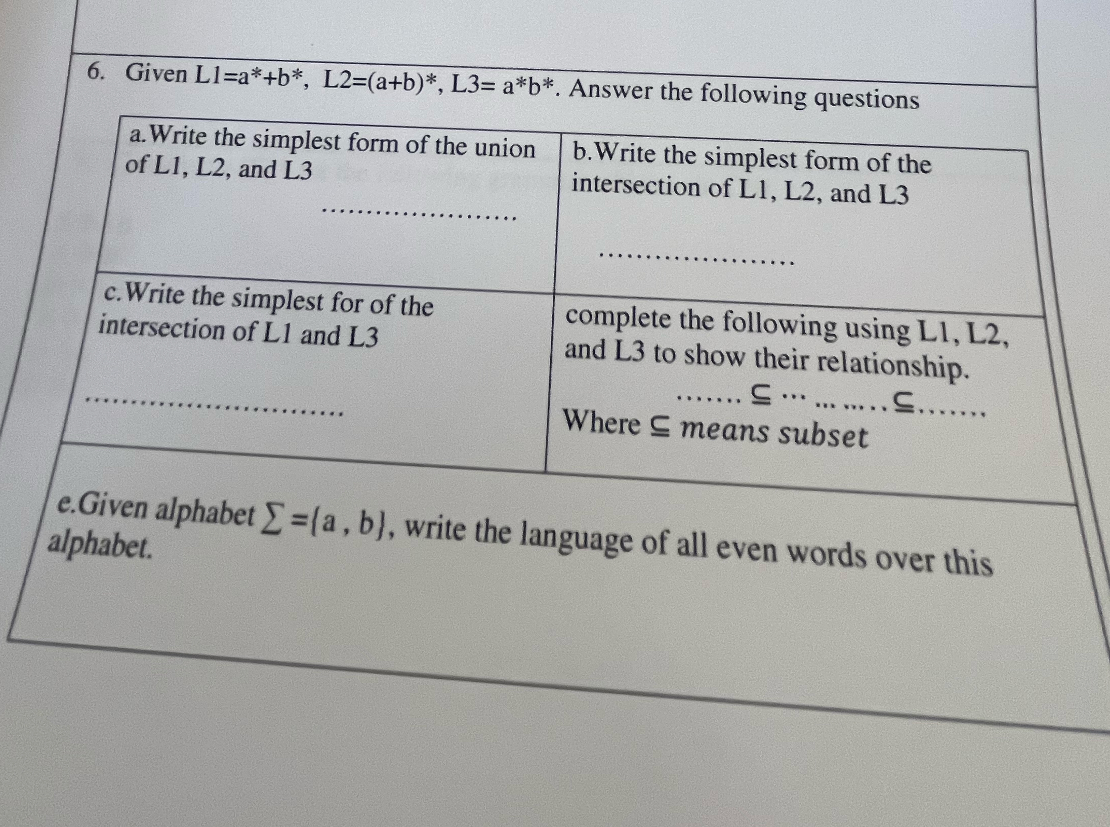  Given L1=a*+b*,L2=(a+b)*,L3=a*b*. Answer the following questions \table[[\table[[a. Write the simplest form