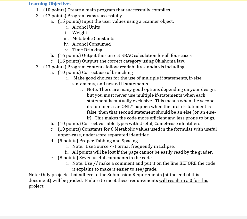 Question: Welcome to the EBAC Calculator JAVA HELP Learning Objectives 1. (10
