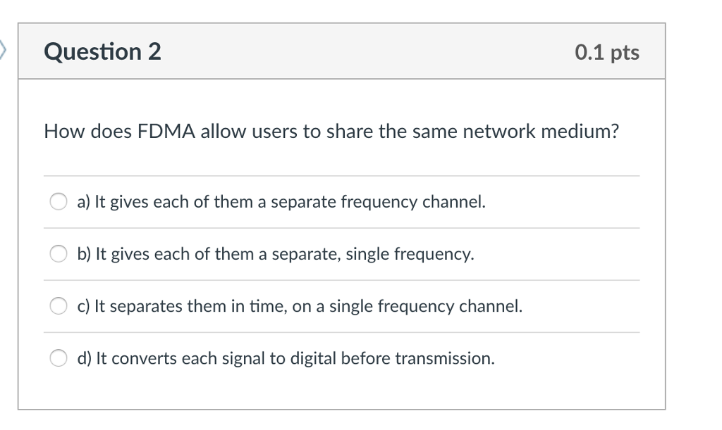Question 2 0.1 pts How does FDMA allow users to share