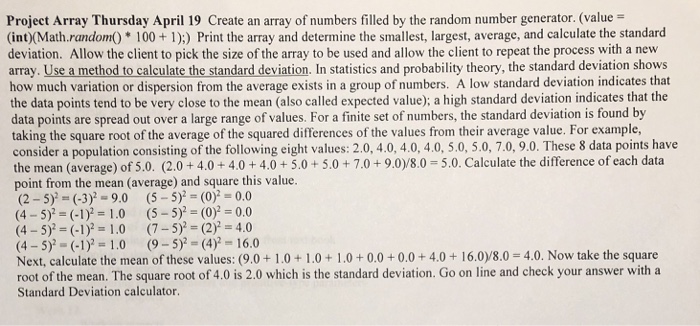  Java project Project Array Thursday April 19 Create an array of