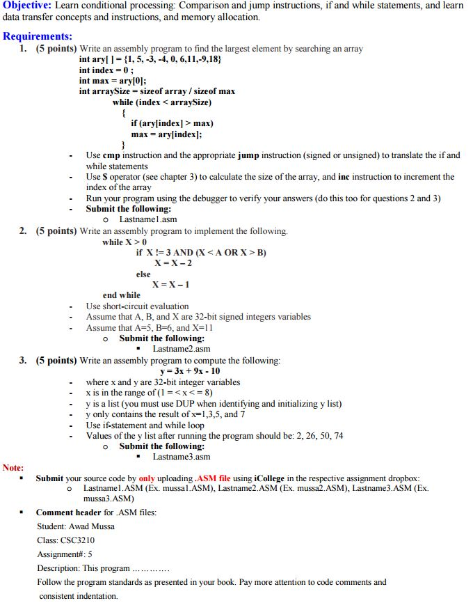 Assembly x84 Objective: Learn conditional processing: Comparison and jump instructions, if and