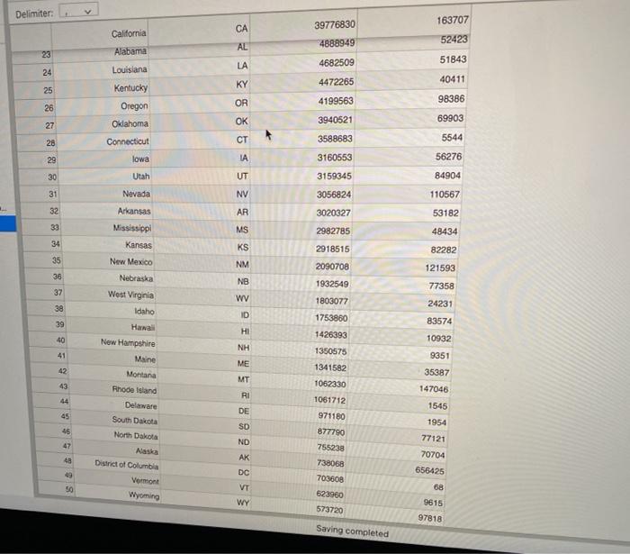 returns a list of tuples of state abbreviations & area. (0.0.0 Arguments: