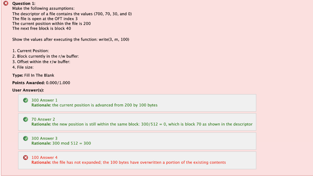 Operating system File system question. please answer question 4,file size. Both 100,200,300,400