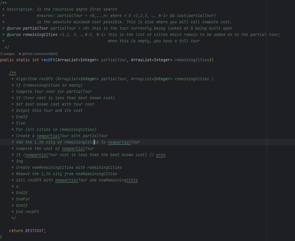  ??***** Description: Is the recursive depth first search ensures: partialtour =(:0,dots..n:)