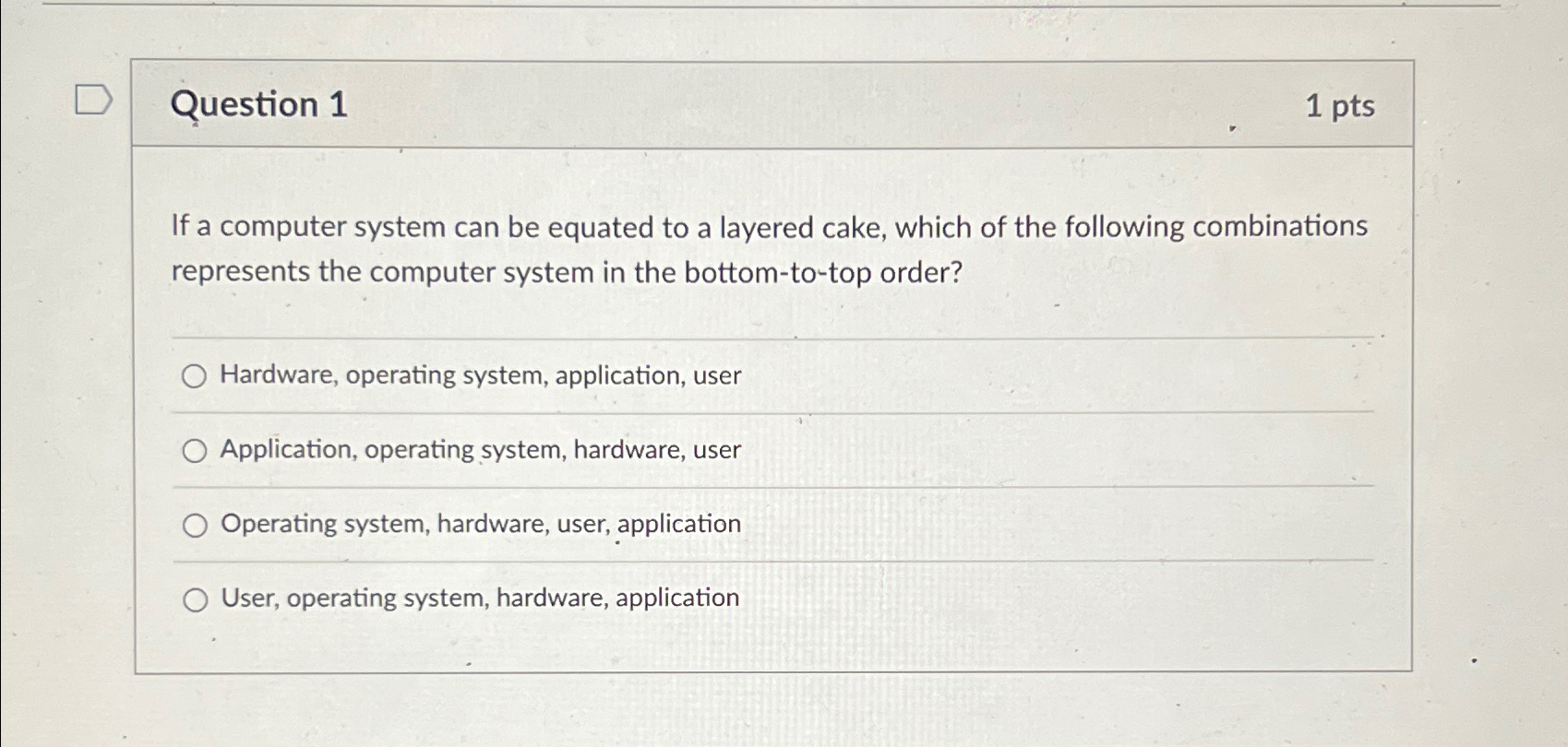  Question 1 1pts If a computer system can be equated to
