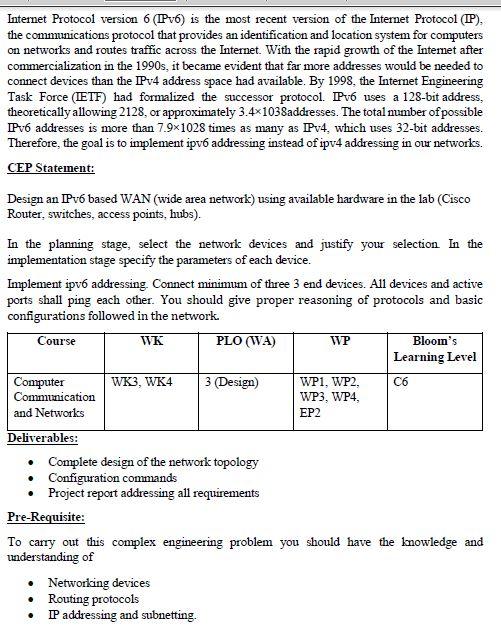  Internet Protocol version 6 (IPv6) is the most recent version of