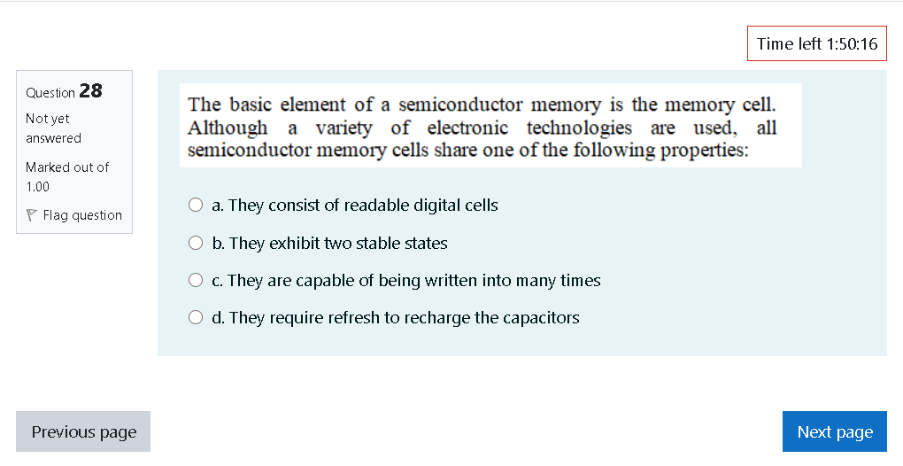 Time left 1:50:16 Question 28 Not yet answered The basic element