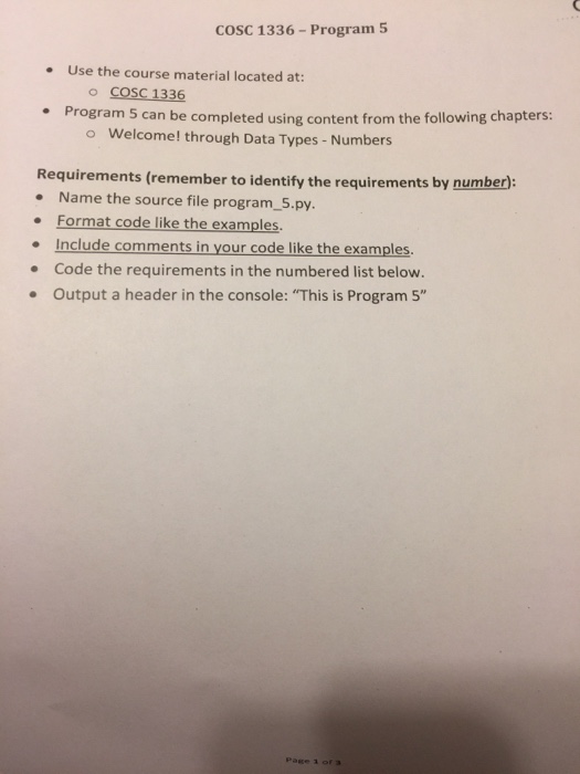  coSc 1336- Program 5 Use the course material located at: o