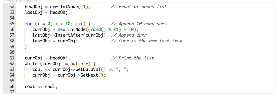 4 5 class IntNode { 6 public: 7 IntNode(int dataInit = 0,