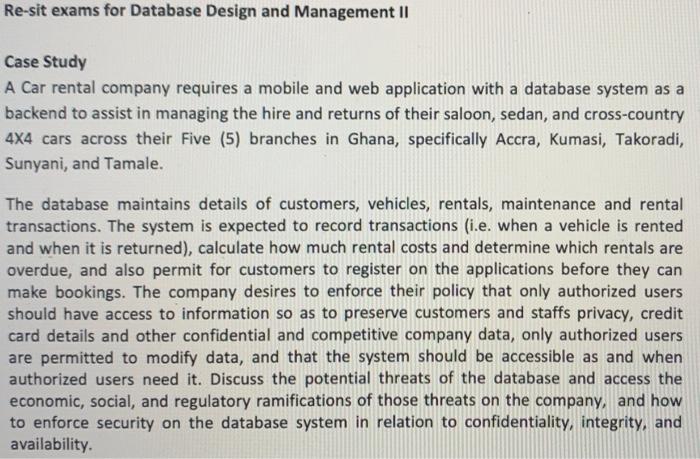  Re-sit exams for Database Design and Management II Case Study A