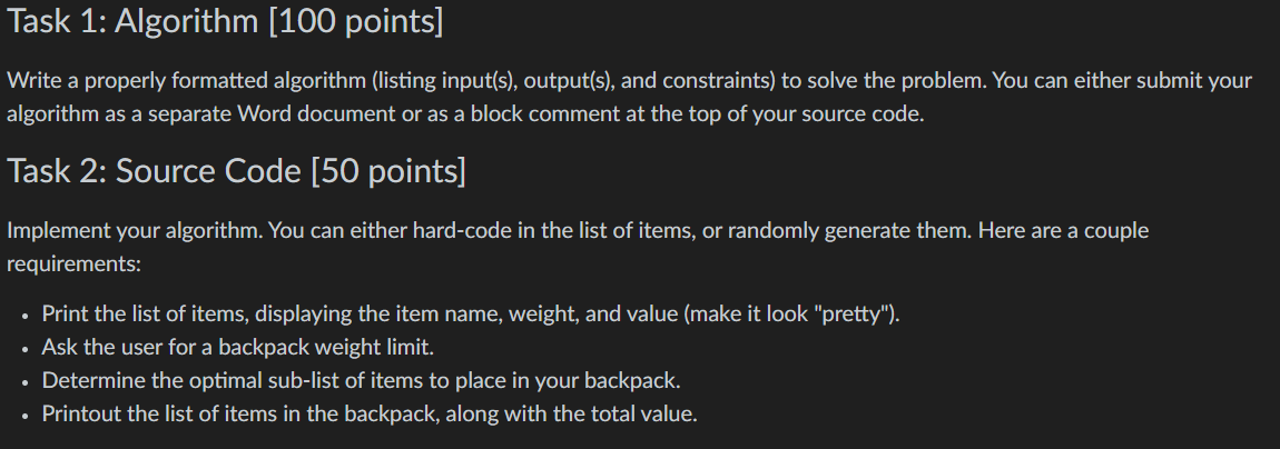 Here are the items: Write a properly formatted algorithm (listing input(s), output(s),