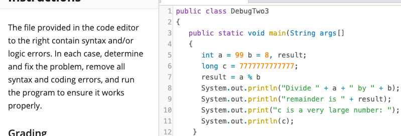 The file provided in the code editor to the right contain