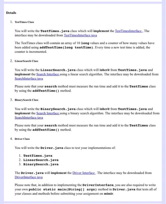 please answer question 1 "TestTimes class" This is the serach and binary