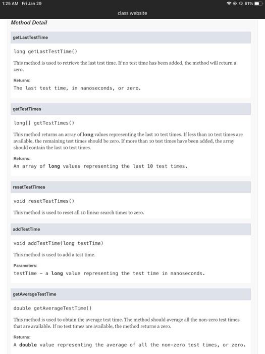 Linear Search.java class which will inherit from TestTimes.java and implement the Search