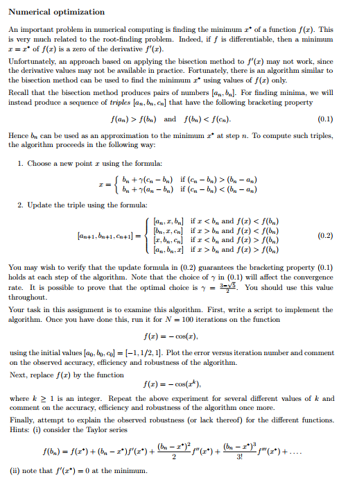  Use matlab code: Numerical optimization An important problem in numerical computing