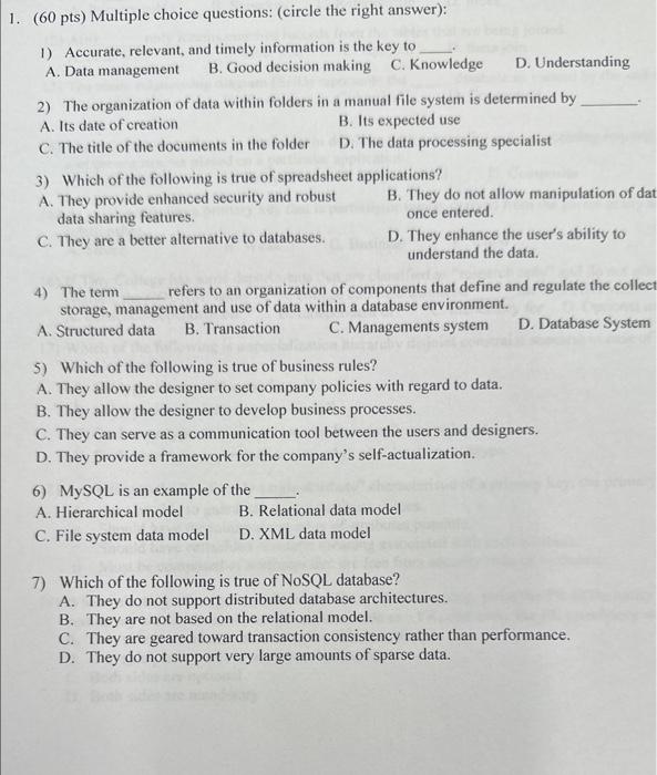  ( 60pts ) Multiple choice questions: (circle the right answer): 1)