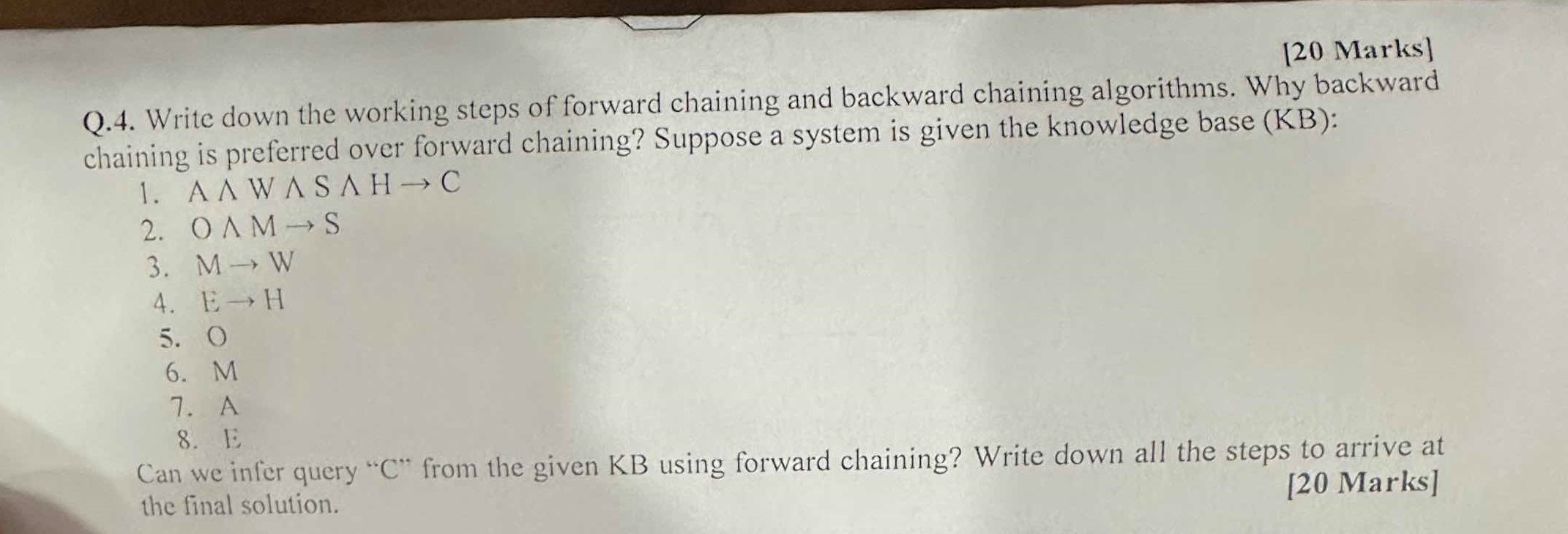  [20 Marks] Q.4. Write down the working steps of forward chaining