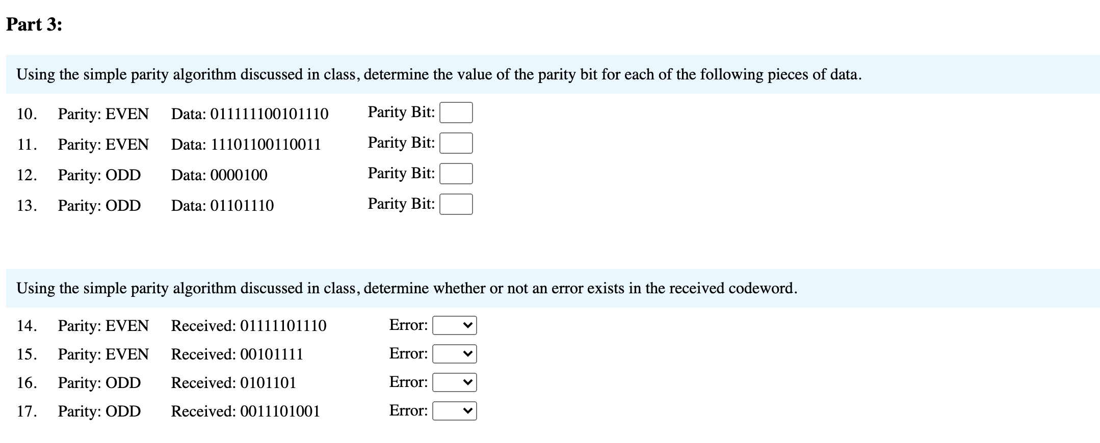  Part 3: Using the simple parity algorithm discussed in class, determine