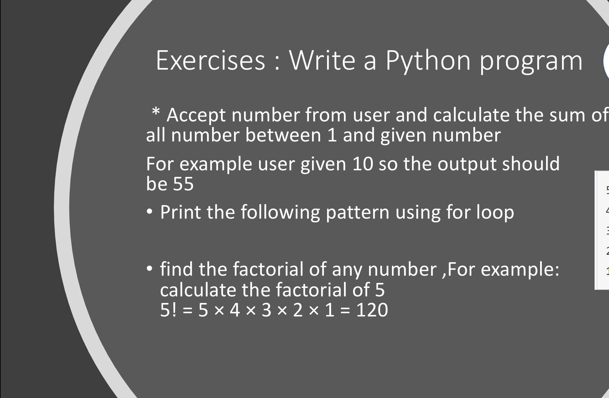  Exercises : Write a Python program Accept number from user and