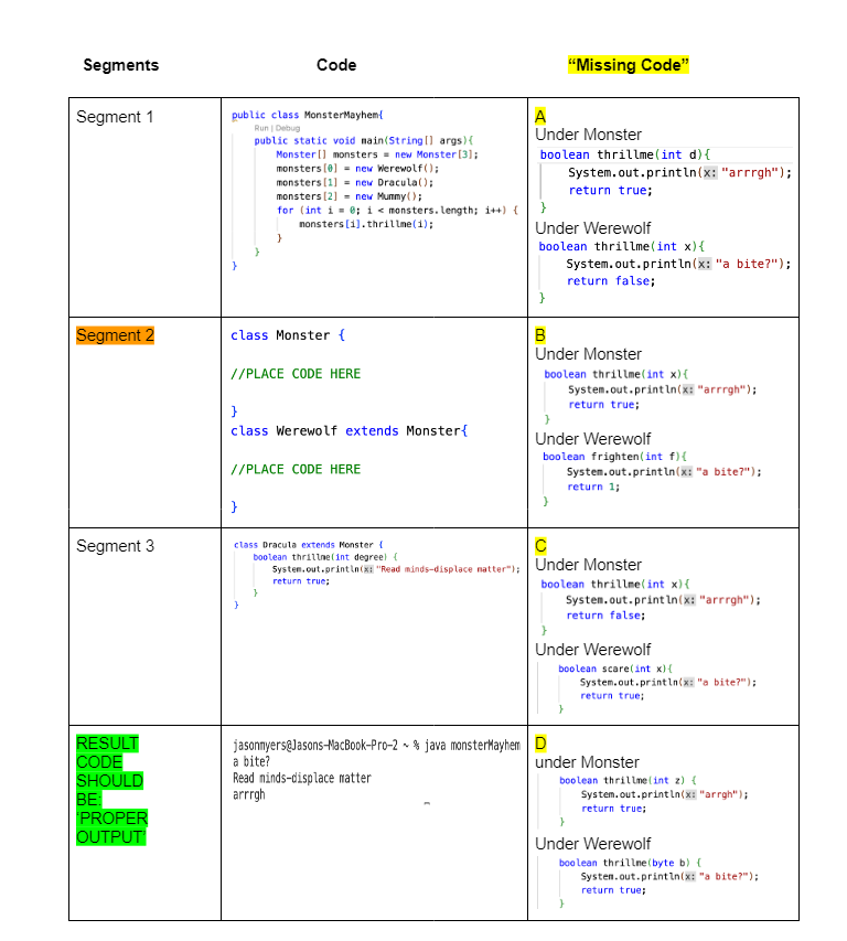 'Missing Code.' Your Task Match segment 2, in orange, with the appropriate
