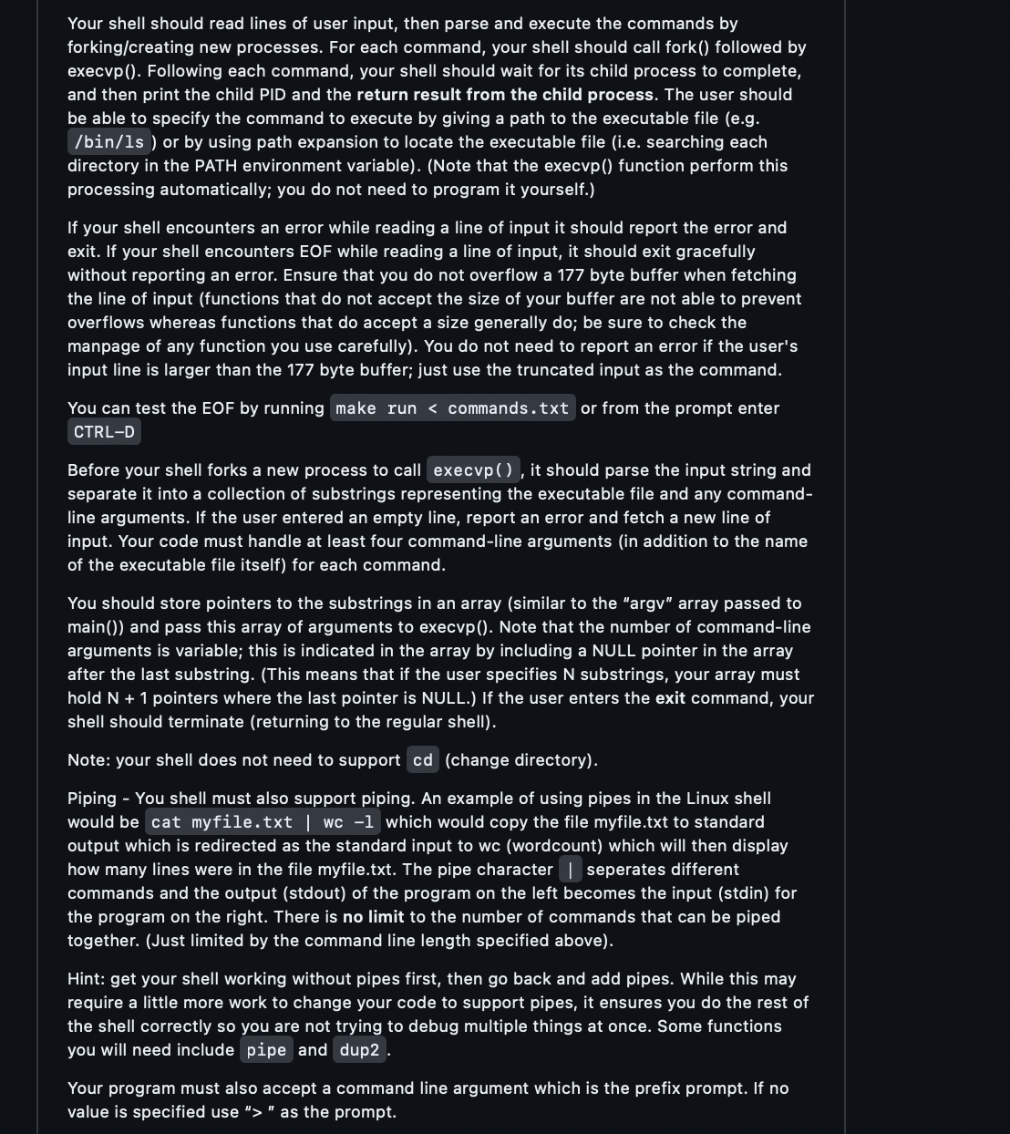  Your shell should read lines of user input, then parse and