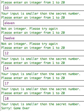 a secret number from 1 to 20, and then ask the user